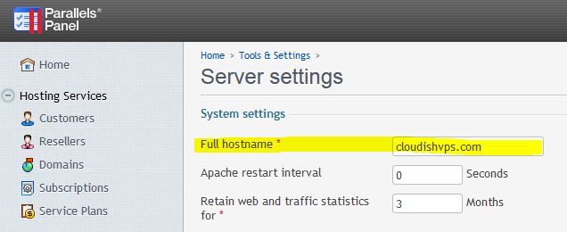 Setting up server Hostname in Plesk Panel